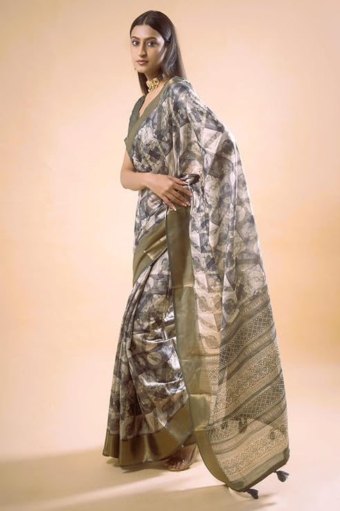 Vasthrlay Slate Grey Patchwork Print Polyester Saree With Zari Border And Unstitched Blouse Piece