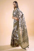 Vasthrlay Slate Grey Patchwork Print Polyester Saree With Zari Border And Unstitched Blouse Piece