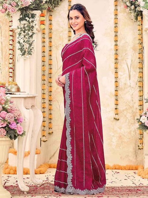 Vasthrlay Georgette Embroidery Wine Saree