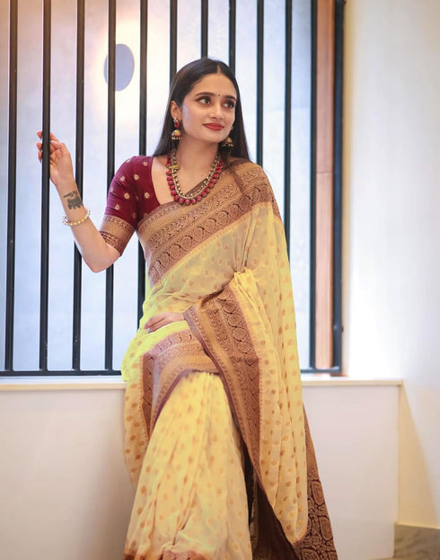 Vasthrlay Banarasi Jacquard Unstitched Beige Saree