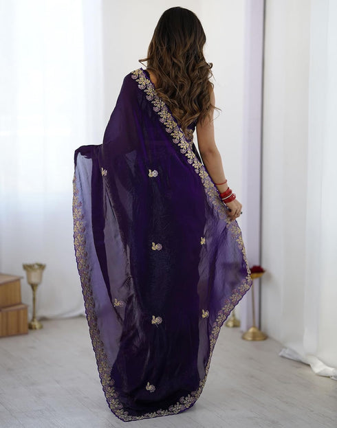 Vasthrlay Scalloped Embroidery Unstitched Rani Pink Saree