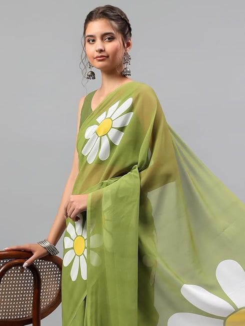 Vasthrlay Green Georgette Floral Printed Saree With Solid Unstitched Georgette Blouse Piece