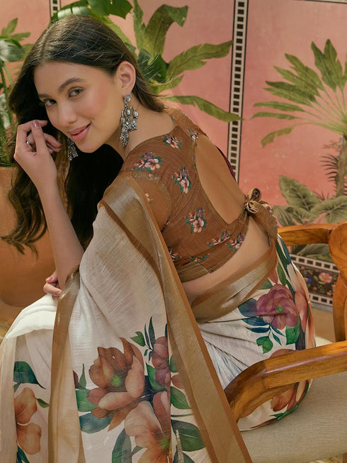 Vasthrlay Womens Printed Unstitched White Saree