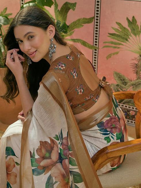 Vasthrlay Womens Printed Cream Saree With Unstitched Blouse Piece