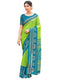 Vasthrlay Georgette Printed Parrot Green Saree With Teal Blue Unstitched Blouse Piece