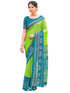 Vasthrlay Georgette Printed Parrot Green Saree With Teal Blue Unstitched Blouse Piece