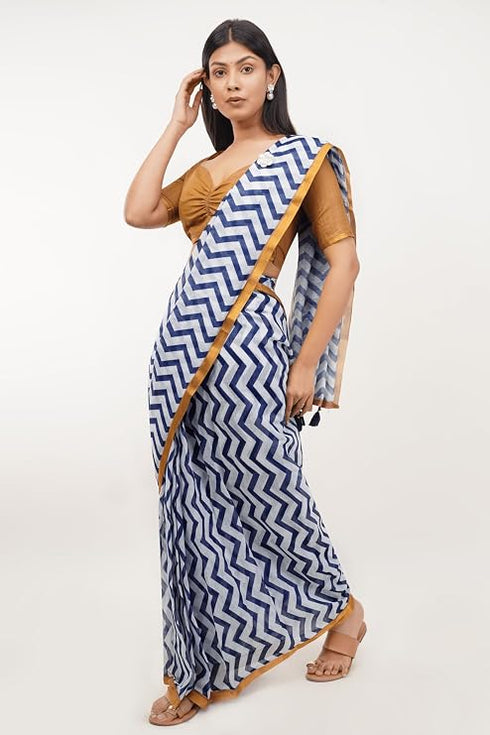 Vasthrlay Blue White Multi Print Design Linen Ready To Wear Saree