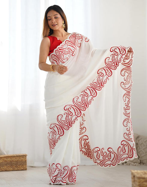 Vasthrlay Embroidery Scalloped Unstitched Off White Saree