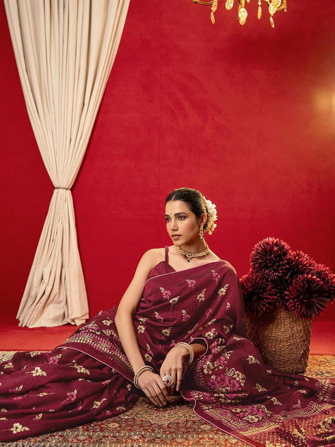 Vasthrlay Vichitra Printed Unstitched Maroon Saree