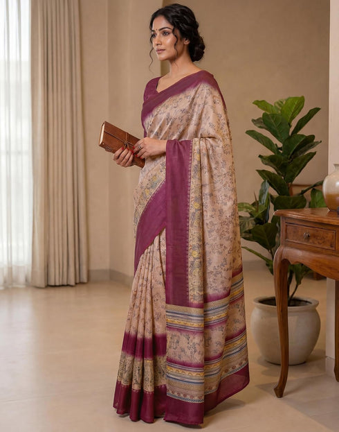 Vasthrlay Womens Printed Unstitched Navy Blue Saree