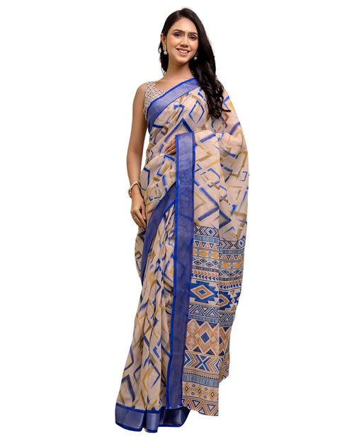 Vasthrlay Womens Printed Unstitched White Saree