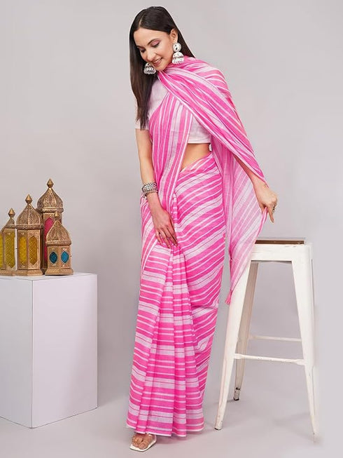 Vasthrlay Womens White Kathakali Print Linen Saree With Gold Zari Border And Unstitched Blouse Piece