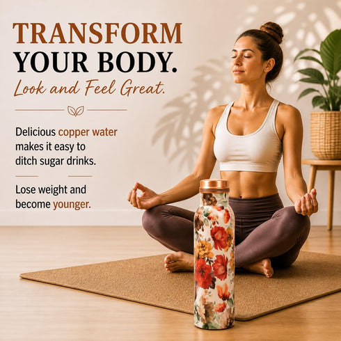 Pure Copper Water Bottle White Base Floral 1000 ml