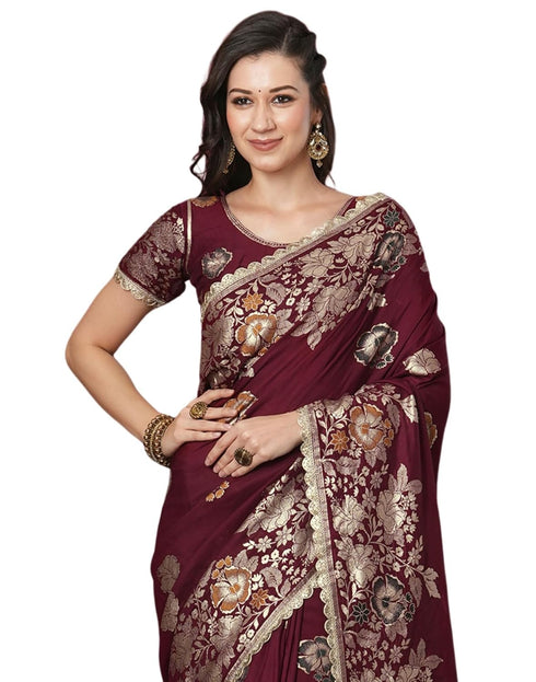 Vasthrlay Kanjivaram Banarasi Unstitched Red Saree