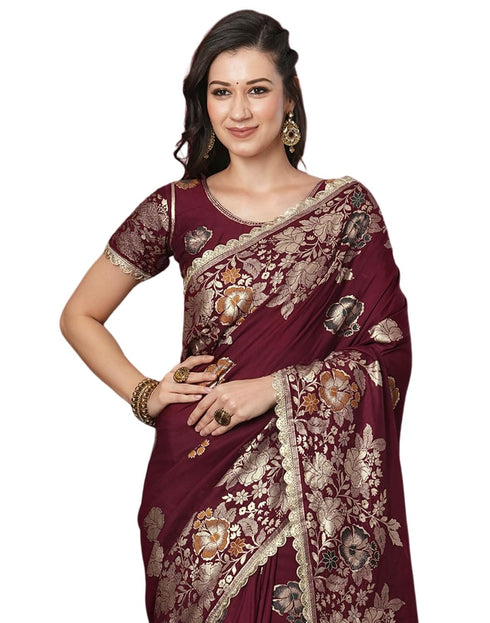 Vasthrlay Kanjivaram Banarasi Maroon | Golden Border Saree With Unstitched Blouse Piece