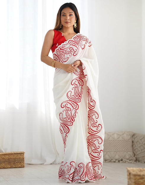 Vasthrlay Embroidery Scalloped Unstitched Off White Saree