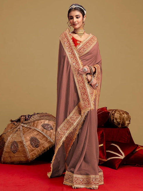 Vasthrlay Vichitra Embroidery Unstitched Red Saree