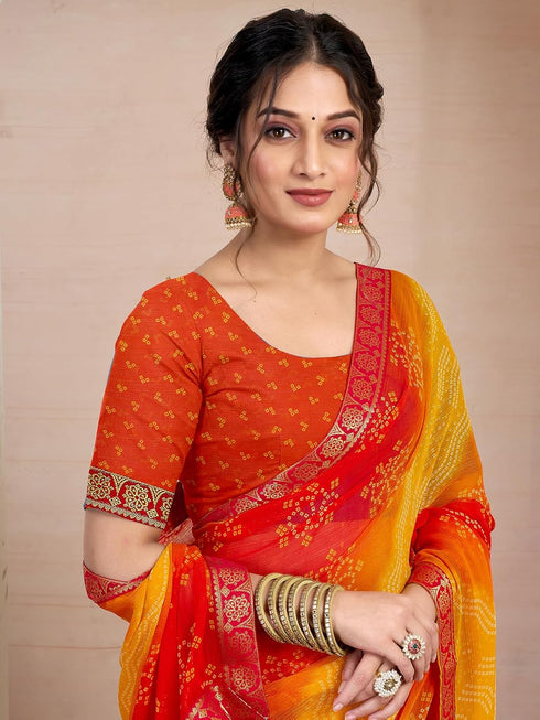 Vasthrlay Chiffon Bandhani Unstitched Yellow Saree