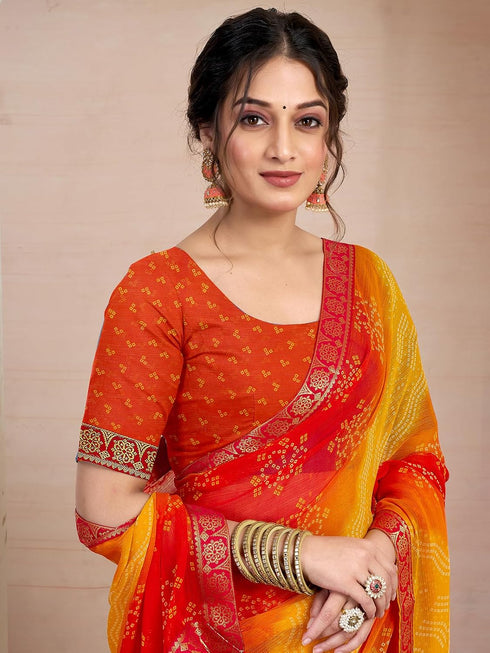 Vasthrlay Chiffon Bandhani Yellow Saree With Unstitched Blouse Piece