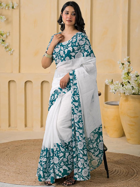 Vasthrlay Womens Printed White | Teal Green Saree With Unstitched Blouse Piece