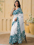 Vasthrlay Womens Printed White | Teal Green Saree With Unstitched Blouse Piece