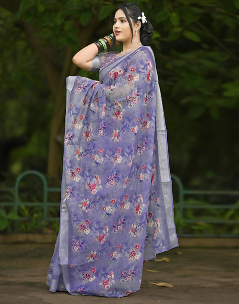 Vasthrlay Chanderi Printed Unstitched Blue Saree