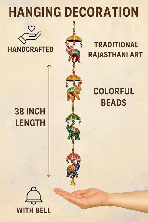CDM Handcrafted Rajasthani Elephant & Umbrella Wall Hanging with Beads & Bell | 38 Inch | Set of 2