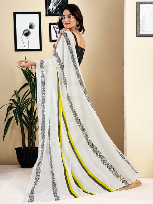 Vasthrlay Womens Printed Unstitched White Saree