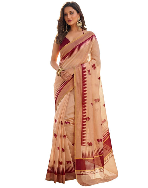 Vasthrlay Womens Printed Unstitched Peach Saree