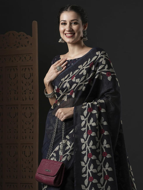 Vasthrlay Botanical Printed Unstitched Black Hs Ethnic Wear
