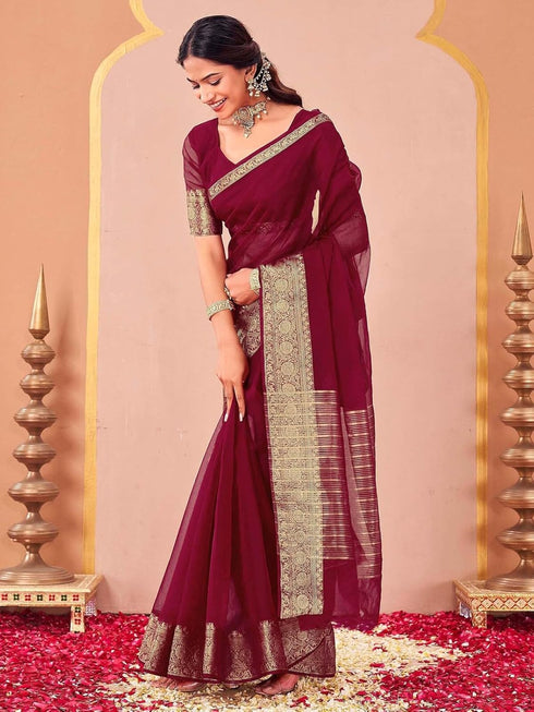 Vasthrlay Organza Jacquard Unstitched Light Green Saree