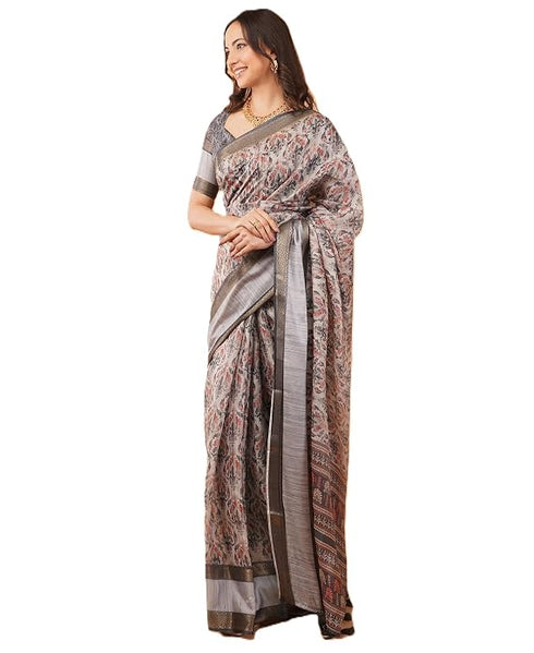 Vasthrlay Slate Grey Abstract Floral Polyester Saree With Zari Border And Ruched Unstitched Blouse Piece