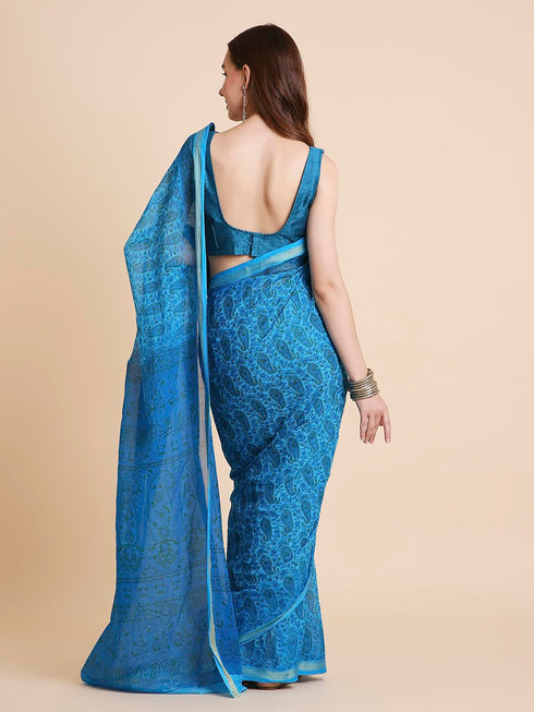 Vasthrlay Cotton Printed Mulmul Blue Saree