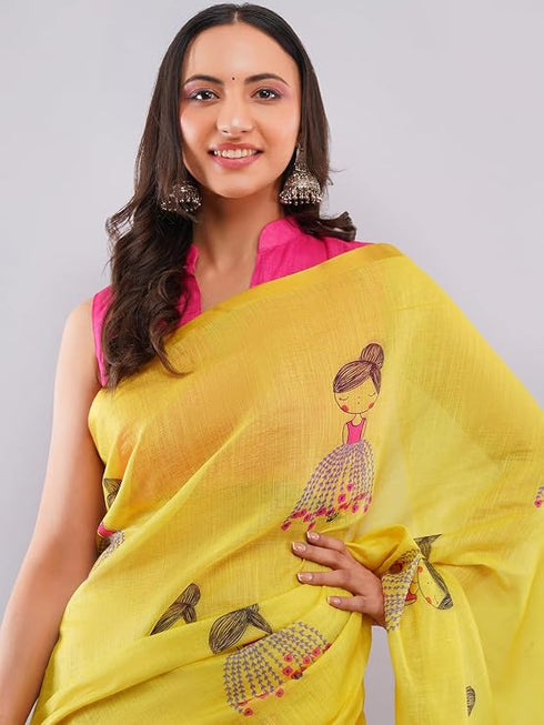 Vasthrlay Yellow Daisy Floral Prints Linen Saree With Zari Border And Unstitched Blouse Piece
