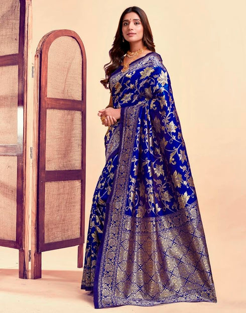 Vasthrlay Pure Kanjivaram Silk Blue Saree Banarasi With Blouse Piece