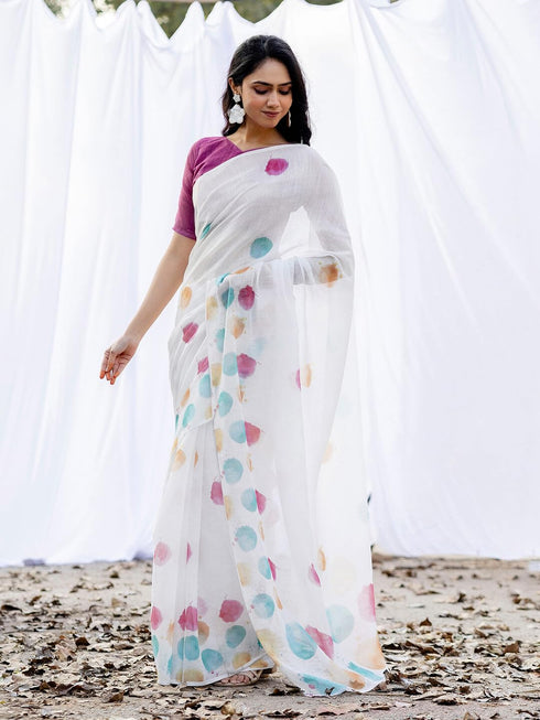 Vasthrlay Womens Printed Unstitched Off White Saree