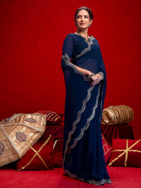 Vasthrlay Shimmer Embroidery Lime Saree
