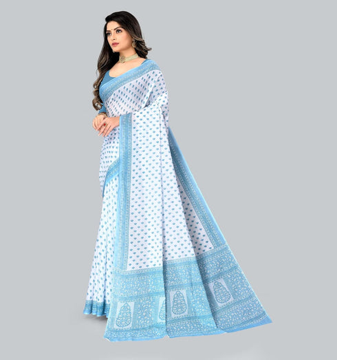 Vasthrlay Cotton Blue White Saree