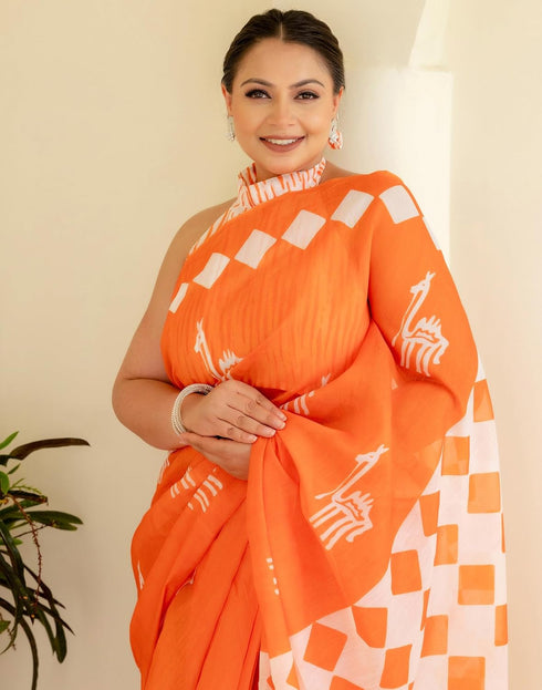 Vasthrlay Chanderi Printed Unstitched Blue Saree