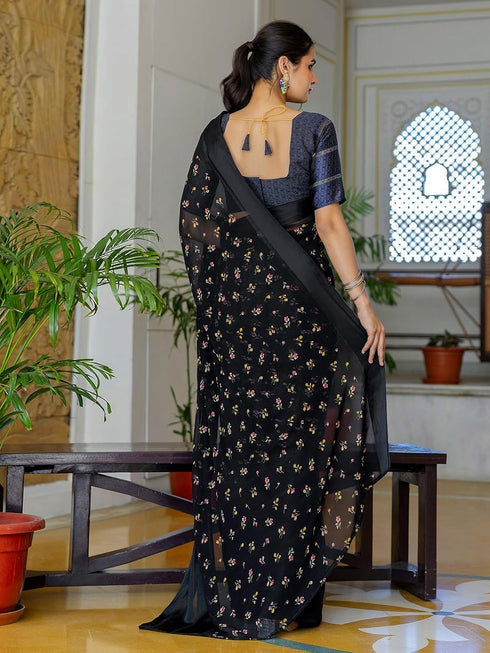 Vasthrlay Georgette Printed Unstitched Dark Green Saree