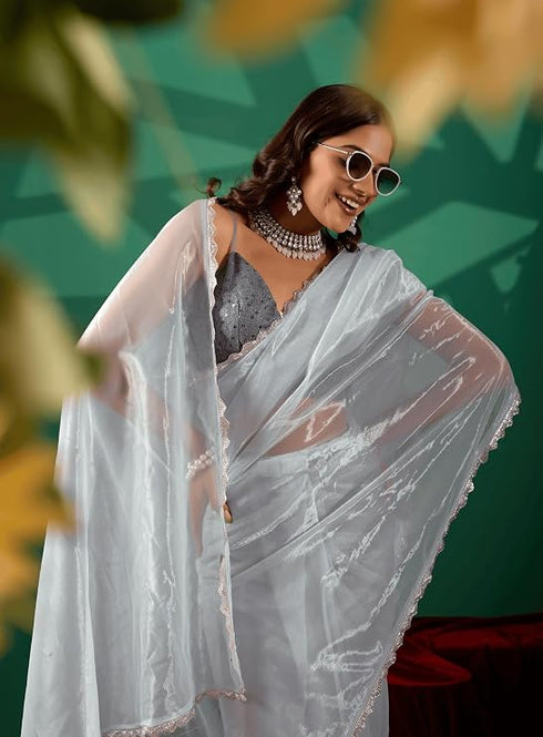 Vasthrlay Blue Plain Shimmer Saree With Sequin Border Andunstitched Blouse Piece