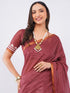 Vasthrlay Maroon Chevron Printed Linen Saree With Unstitched Blouse