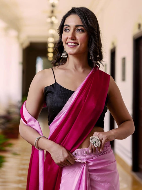 Vasthrlay Chinnon Padding Unstitched Rani Pink Saree