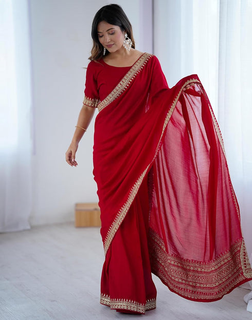 Vasthrlay Sequence Embroidery Unstitched Red Saree