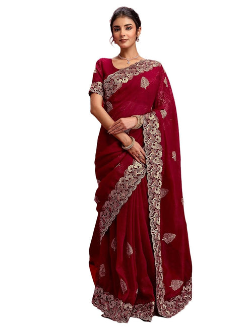 Vasthrlay Scalloped Embroidery Maroon Saree