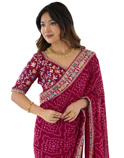 Vasthrlay Georgette Bandhani Unstitched Purple Saree