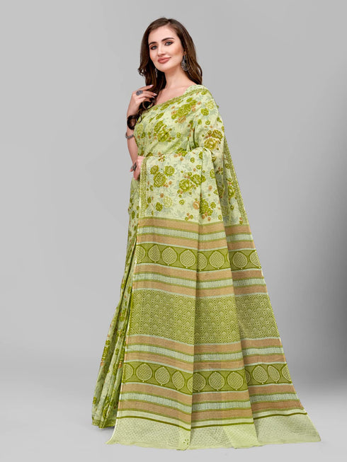 Vasthrlay Cotton Printed Mulmul Cream Saree