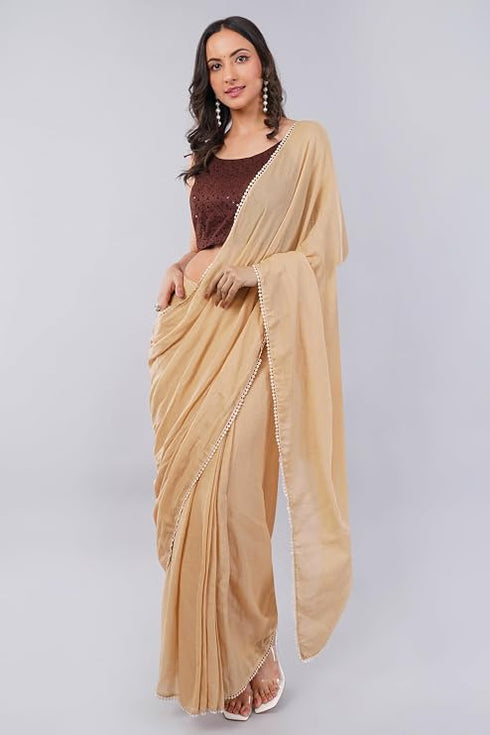 Vasthrlay Womens Beige Cotton Ready To Wear Saree