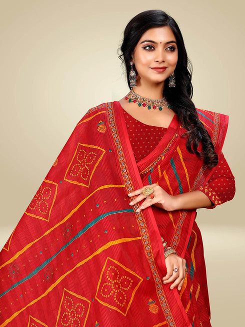 Vasthrlay Bandhani Swarovski Traditional Red Saree
