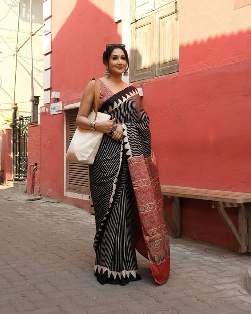 Vasthrlay Ajrakh Saree Crepe